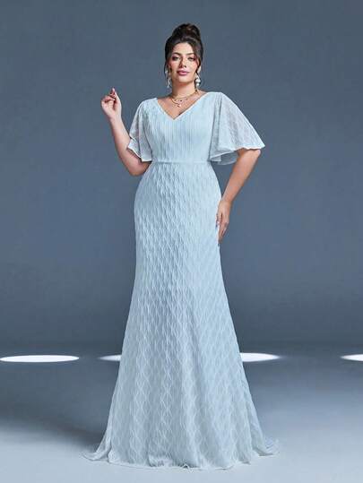 Mgiacy-Pop, V-ringning, Paljetter, Spets, Utsvängda ärmar, Fiskvinge, Slim Fit, Släpklänning, Lång klänning