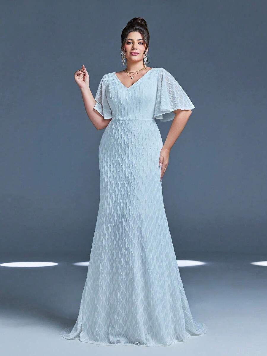 Mgiacy-流行、V领、亮片、蕾丝、喇叭袖、鱼尾、修身、拖尾、长裙 - 白色 - 查看 1