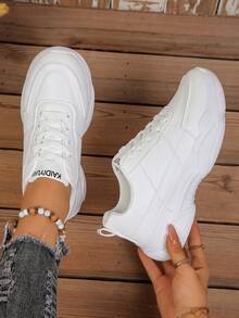 Women's White British Style Lace-Up Sneakers, Round Toe Low-Top Thick Sole Slip-On Shoes, Fashionable Breathable Non-Slip Chunky Sneakers For Students - White - View 2