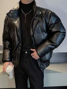 Winter, Christmas, New Style, PU Leather, Fashionable, High-End, Solid Color, Stand Up Collar, Handsome, Street, Casual, Warm, Short, Cotton Jacket, Men's Coat - 黑色 - 查看 3