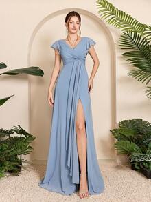 Mgiacy-Pop,New Arrival,V Neck,Elegant,Bridesmaid Dress,Ruffle,Flounce,Kink,Chiffon,Long Dress,FOR,Wedding Guest - Blue - View 1