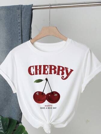 樱桃图案和字母印花T恤，圆领短袖休闲上衣，适合女性春季