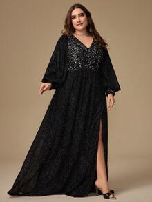 Vestido de Festa com Colar de Lanterna com Glitter, Manga Longa com Aplique de Lantejoulas Patchwork - Preto - Ver 5