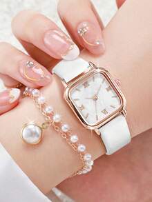 Bộ 5 chiếc đồng hồ thạch anh mặt vuông tối giản thời trang dành cho nữ + Bộ trang sức ngọc trai - trắng - Xem 3