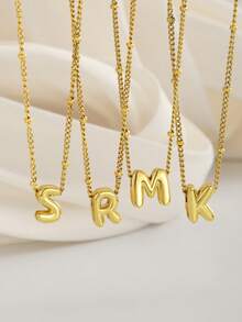 1Pc Fashionable And Creative Bright Copper A-Z Letter Hollowed-Out Pendant Gold Stainless Steel Beaded Necklace Collarbone Chain Women's Everyday Casual Wear Personalized Initial Necklace For Birthdays Valentine's Day Christmas Exquisite Gift - Yellow Gold - View 3