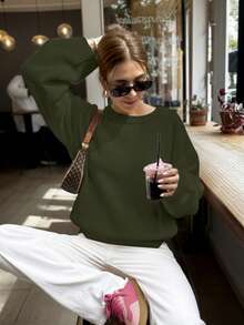 FOR BEAUTY 秋冬新款少女风圆领长袖针织衫，女士宽松简约插肩套头衫，新年百搭单品 - 深軍綠 - 查看 3