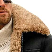 - Chaqueta de piel sinttica con solapa para hombre, estilo vintage, para invierno, estilo aviador, abrigo clido con cremallera - 2XL + Negro - Ver 5