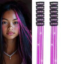 Hair Tinsel Clip In Tinsel Hair Extensions Purple Fairy Glitter Hair Tinsel Kit For Women Heat Resistant 21.5In 12Pcs Festival Accessories For Party, Christmas, New Year, Halloween, Cosplay,Purple - 紫色 - 查看 2