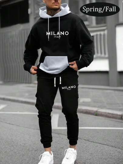 Men's Thin Milan Letter Print Contrast Color Hoodie And Pants Set, Fashion Casual Sportswear With Pockets And Drawstring Waist Trousers, Suitable As Gift For Husband Or Boyfriend, Spring/Autumn