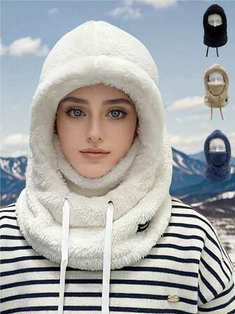 1 Piece Of Solid Color Women's Plush Face Mask Hat - Elastic Drawstring Design, Lightweight And Warm, Suitable For Cycling, Skiing, Outdoor Sports, Solid Color, Soft And Hand Washable, Fleece Ear Muffs, Neck Cover, Balaclava Hat, Suitable For Autumn And Winter Wear