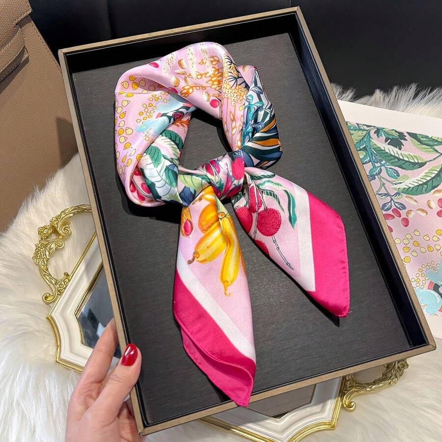 1pc 27.56inch Square Scarf - Vibrant Tropical Fruit And Plant Pattern, Pink & Colorful Fashionable Lightweight Non-Elastic Women's Scarf, Suitable For Travel And Daily Casual Wear, Headwear Square Scarf, Decorative Fabric Accessory - 玫紅色 - 查看 1