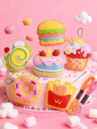 3pcs Cute Food Themed DIY Sewing Kits - Colorful Cupcake, Hamburger, Lollipop And Donut Designs With Embroidery Details - Great For Beginners, Birthday Gifts And Crafty Friendships, Easy Sewing Crafts | Playful Design | Beginner Friendly