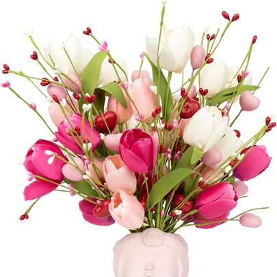 6束情人节鲜花，17英寸情人节郁金香浆果花束，情人节婚礼派对餐桌中心装饰