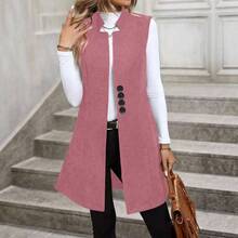 Chaleco largo de lana para mujer, chaqueta sin mangas, abrigo de otoo e invierno, con botones, para negocios, casual, con bolsillos - A1- rocío + M - Ver 3