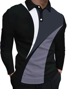 Camisa polo de manga larga para hombre, diseño geométrico de patchwork en blanco, negro y gris con un estilo minimalista, líneas elegantes que transmiten sofisticación, cuello clásico de polo con cierre de botones, tela cómoda, versátil para el trabajo, casual, al aire libre, primavera/otoño - Negro - Ver 6