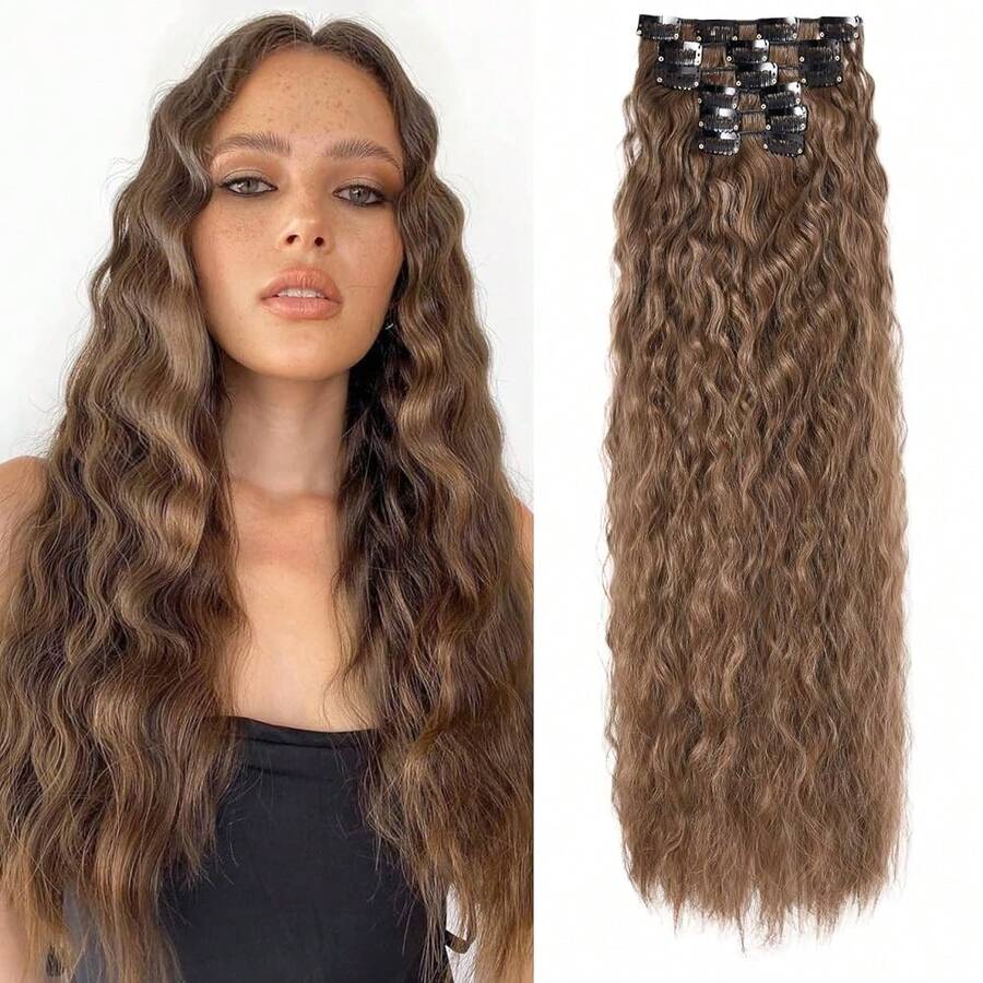 FLUFYMOOZ Clip In Hair Extensions,6PCS Hair Extensions Long Mermaid Waves Wavy Synthetic Clip On Hairpiece For Women 24 Inch (Medium Brown With Medium Auburn),MediumBrownwithMediumAuburn - 中棕色和中赤褐色 - 查看 1