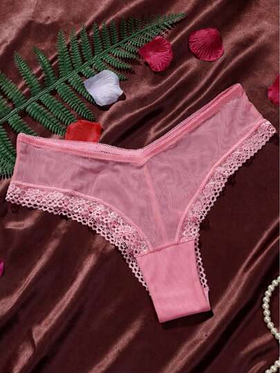 1pc Lace Trim Mesh Sheer Thong Bikini Panties, Sexy & Alluring, Comfortable & Skin-Friendly Women's Underwear