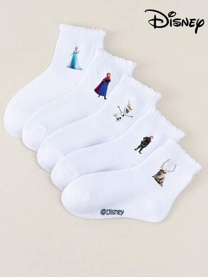 Disney 1/5 Pairs Elsa, Anna, Olaf, Kristoff, Sven Striped Crew Socks, Girls Soft Breathable Ankle Socks, Non-Slip Casual Socks, Cute Style For Daily Wear, Party Gift, Easter, Summer, Multi-Color, Blue Series, Cartoon Design, Simple Versatile Gift Socks, Young Girl Student Sports Socks