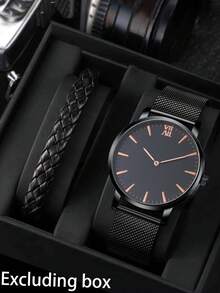 2件套简约时尚男士网状腰带和手表套装 - 黑色 - 查看 9