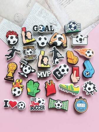 28 PCS Football Series, Cartoon Football Theme Shoe Decor Set, Sports Theme Pendant Jewelry Set For Shoe Decor, Suitable For Shoes, Beach Bags, Bags, Wristbands And Accessories - Removable Creative DIY Accessories - Ideal Gifts For Birthdays, Christmas, Valentine's Day, Halloween And Parties