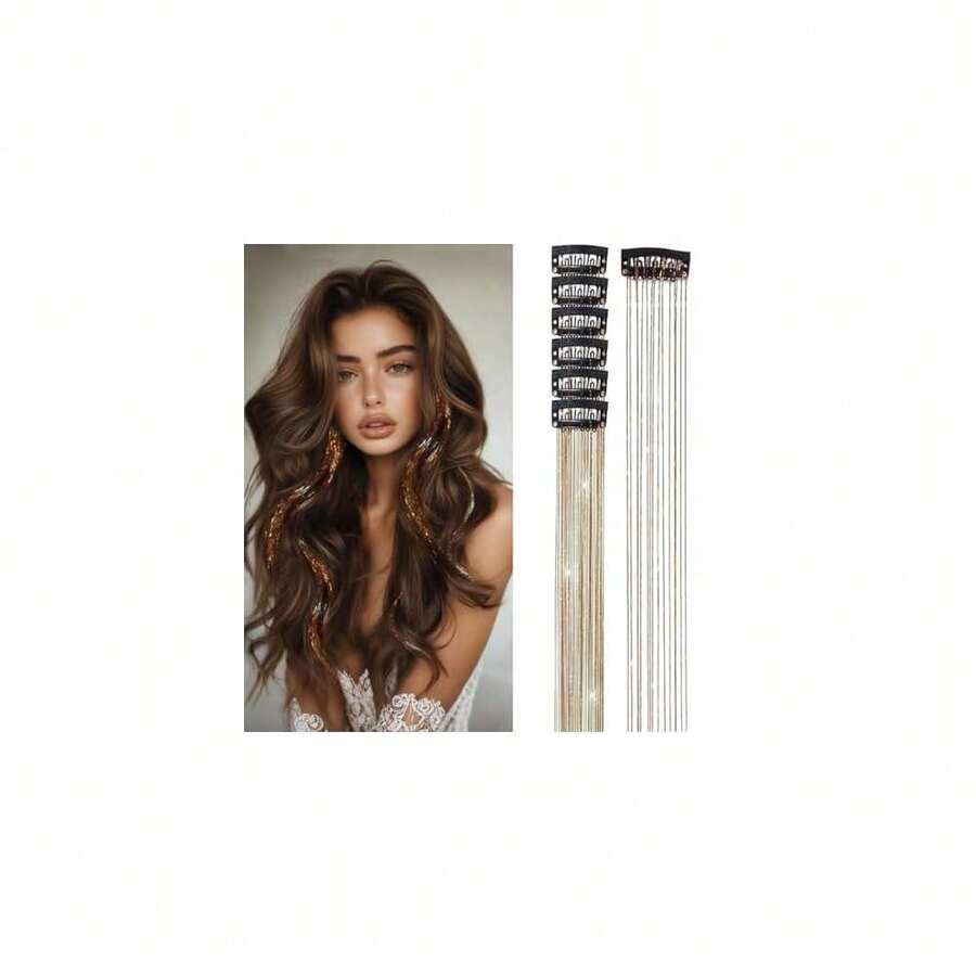 Hair Tinsel Clip In Tinsel Hair Extensions Coffee Fairy Glitter Hair Tinsel Kit For Women Heat Resistant 21.5In 6Pcs Festival Accessories For Party, Christmas, New Year, Halloween, Cosplay,Coffee - Coffee - 查看 1