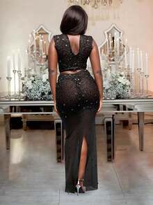 Sleeveless Round Neck Sexy Sheer Backless Top Paired With Long Split Skirt Sparkling Rhinestone-Embellished Women's Two Pieces Formal Dinner Birthday Party Set - Black - View 2
