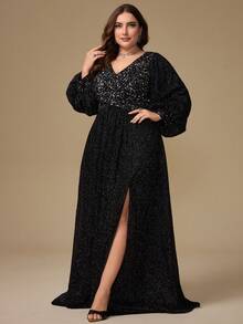 Vestido de Festa com Colar de Lanterna com Glitter, Manga Longa com Aplique de Lantejoulas Patchwork - Preto - Ver 4