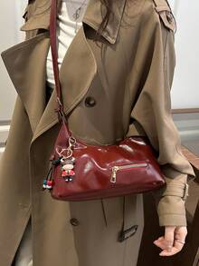 Sac à bandoulière avec décoration de fermeture éclair en forme de croissant de lune, sac fourre-tout polyvalent pour le shopping de rue, sac bandoulière de grande capacité, style rétro décontracté, mode streetwear Y2K pour femmes