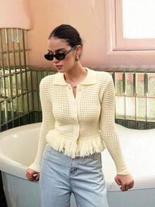 Áo khoác cardigan dệt kim lãng mạn FOR BEAUTY, Áo khoác len dài tay mới dành cho nữ, Áo cardigan dệt kim khoét lỗ có tua rua mùa xuân/hè, Áo khoác ngoài mùa xuân - Màu be - Xem 8