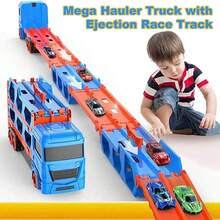 61 英寸双轨发射器运输卡车玩具套装，含 2 辆金属汽车和可折叠货运卡车，适合 2 3 4 5 6 岁男孩和女孩的车辆玩具礼物，返校