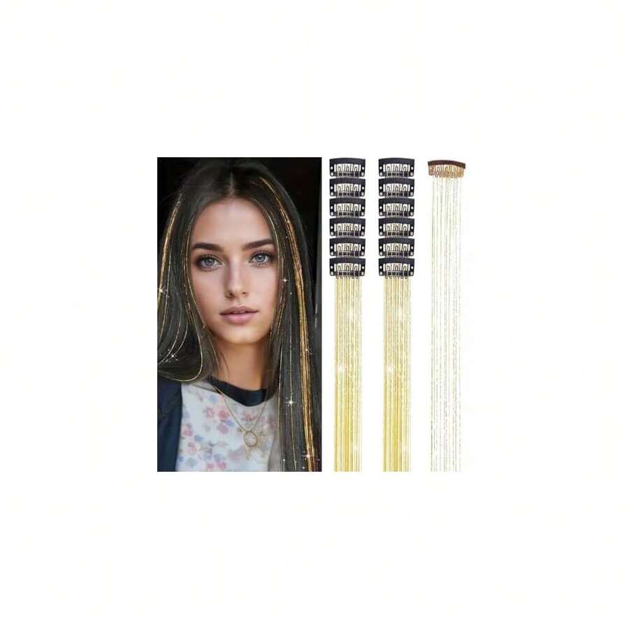 Hair Tinsel Clip In Tinsel Hair Extensions Gold Fairy Glitter Hair Tinsel Kit For Women Heat Resistant 21.5In 12Pcs Festival Accessories For Party, Christmas, New Year, Halloween, Cosplay,Gold - 金色 - 查看 1