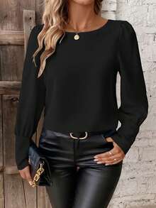 大码女式纯色优雅圆领纽扣长袖衬衫 - 黑色 - 查看 5