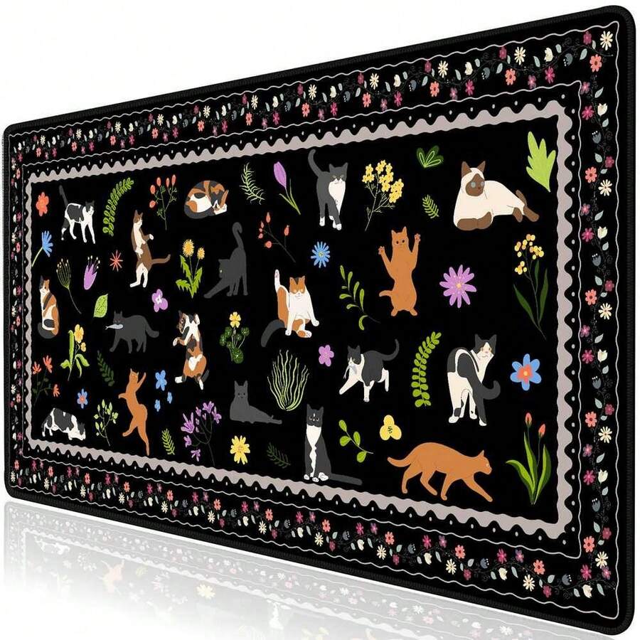 Cute Cats Desk Mat For Keyboard And Mouse,Boho Floral XXL Large Mouse Pad,Non-Slip Rubber Base Keyboard Pad Waterproof Desktop Mat For Laptop Computer Work Game Home Office-Black - 65*35*0.2 - View 1