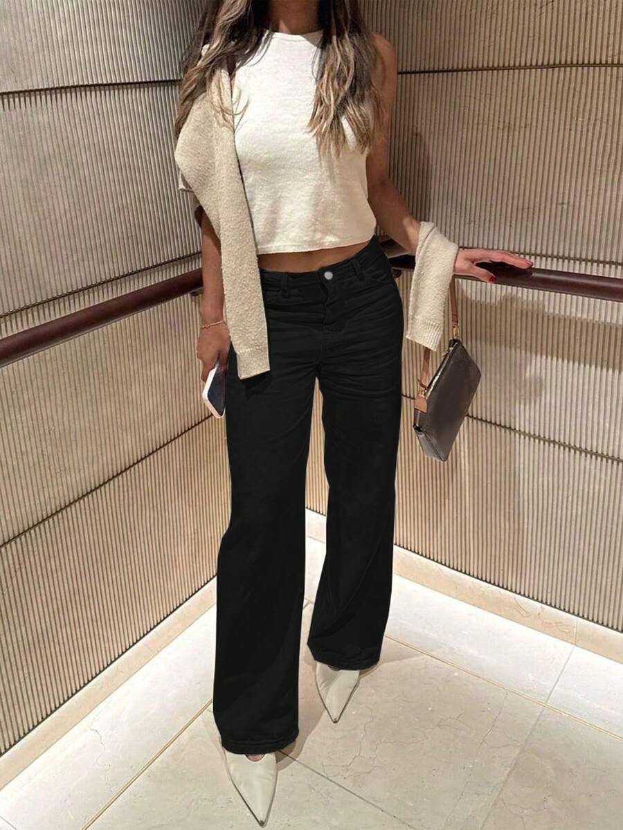 Women's Straight Leg Jeans, Classic Button Fly, Slant Pockets Design, Casual & Comfortable, Versatile For Daily Wear - Black - View 1
