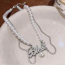 Customized Double-Layer Shiny Pearl Necklace, Customize Your Sparkling Name With Symbolic Thorn Leaf On The Right Side, Suitable For Parties, Matching Dresses For Cocktail Events, Great Gift For Family, Mom, Friends - Silver - View 1