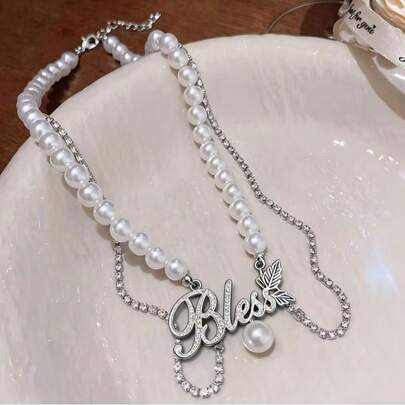 Customized Double-Layer Shiny Pearl Necklace, Customize Your Sparkling Name With Symbolic Thorn Leaf On The Right Side, Suitable For Parties, Matching Dresses For Cocktail Events, Great Gift For Family, Mom, Friends