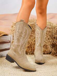 Women's Pointed Toe Chunky Heel Embroidered Western Cowboy Boots, Autumn/Winter Suede Flat Riding Boots - Khaki - View 2