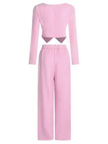 女款兩件套純色休閒優雅前扣口袋日常海灘秋季外出返校穿搭服裝 粉色 - 粉色 - 查看 7