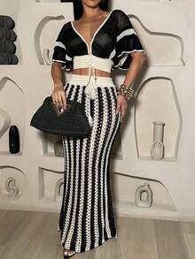 Women's Elegant Colorblock Striped V-Neck Tie Detail Batwing Sleeve Cropped Top And Drawstring Waist Hollow Mermaid Hem Fitted Maxi Skirt 2-Piece Set, Summer Beach Holiday Spring - Đen và trắng - Xem 1