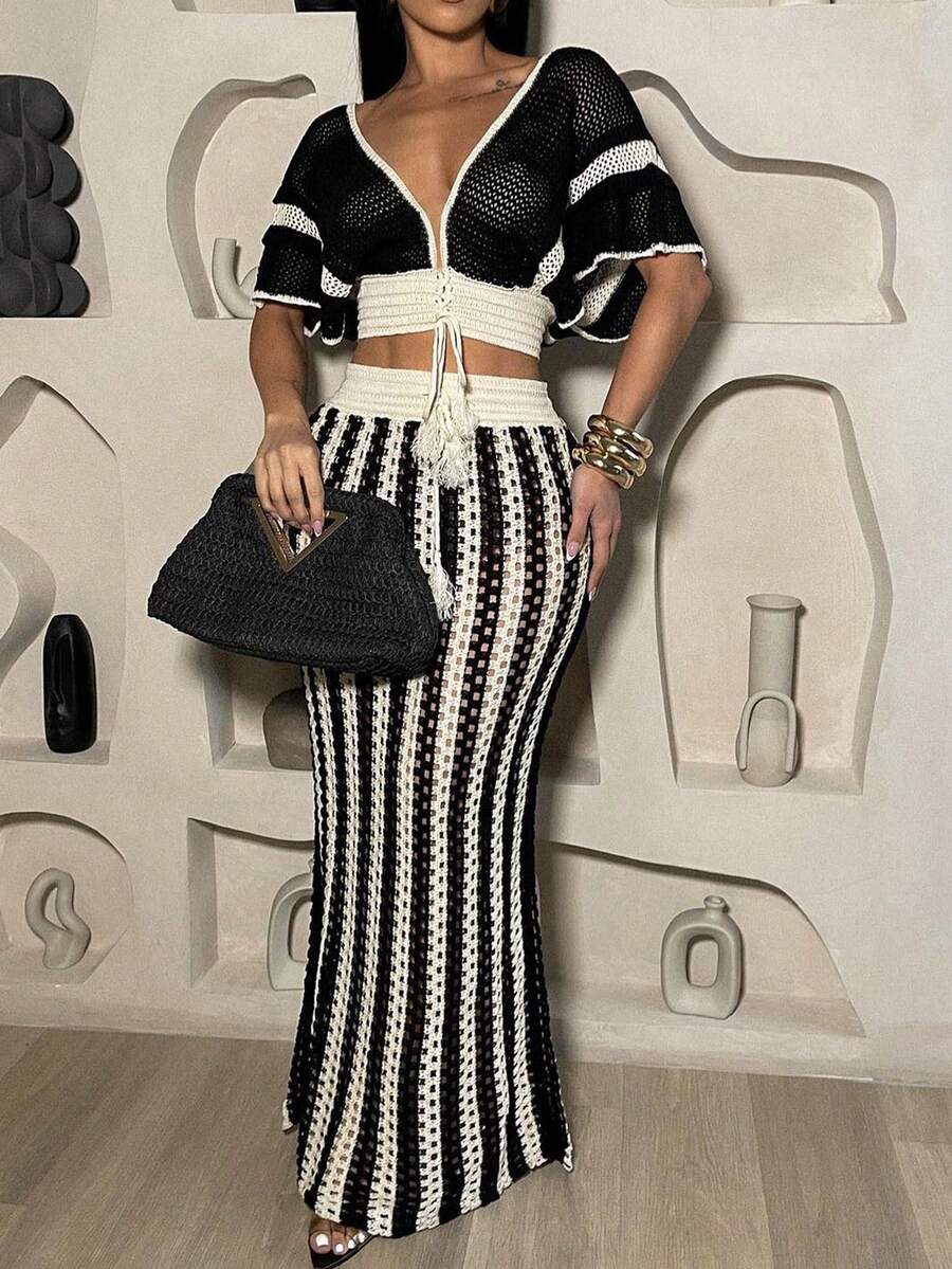 Women's Elegant Colorblock Striped V-Neck Tie Detail Batwing Sleeve Cropped Top And Drawstring Waist Hollow Mermaid Hem Fitted Maxi Skirt 2-Piece Set, Summer Beach Holiday Spring - Đen và trắng - Xem 1