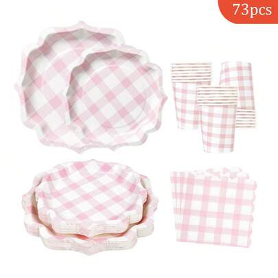 16pcs Pastel Plaid Petal Shaped Disposable Plates, Napkins And Cups, Party Supplies Suitable For 16 Guests, Disposable Paper Plates For Birthday, Wedding, Party, Family Picnic