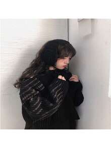 1个可爱韩流风格耳罩，保暖毛绒耳套，可折叠耳罩，适合冬季、圣诞节和情人节礼物 - 黑色 - 查看 3