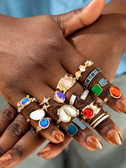 7件/14件套极简巴洛克风格人造宝石镶嵌几何蝴蝶和心形水钻创意小众设计珠宝戒指套装（人造油性颜色深度略有差异）