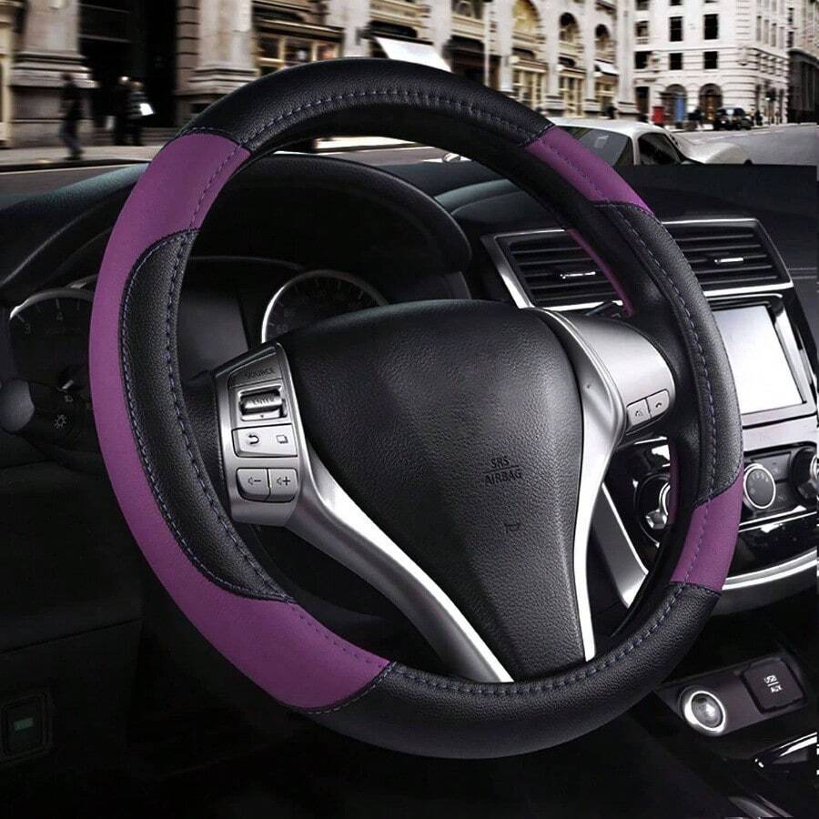 Leather Car Steering Wheel Cover, Non - Slip Car Wheel Cover Protector Breathable Microfiber Leather Universal Fit Most Beige - Purple-2 - View 1