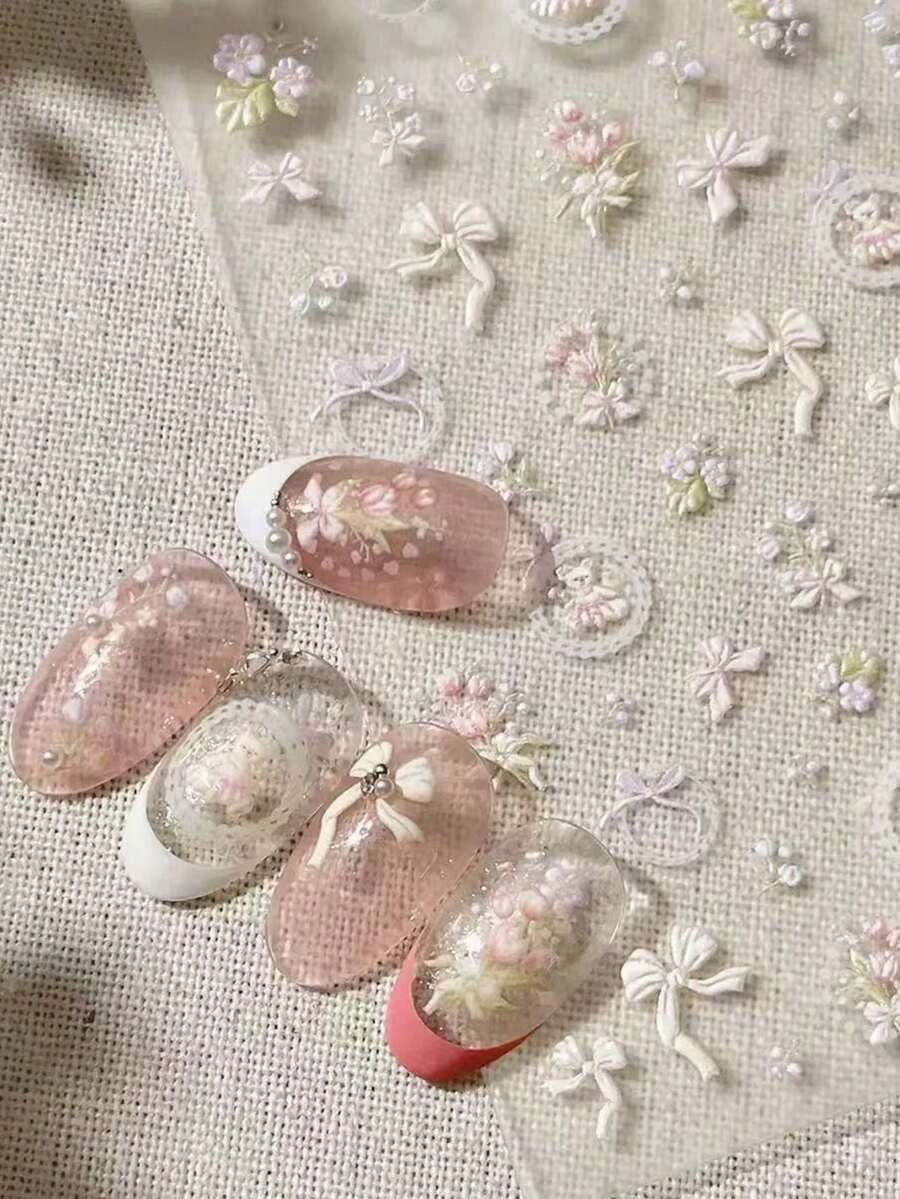 1 张新款法式浪漫美甲贴纸，郁金香、蝴蝶结、小熊图案，3D立体浮雕，背胶设计，多功能美甲贴花，适合日常使用 - 彩色 - 查看 1