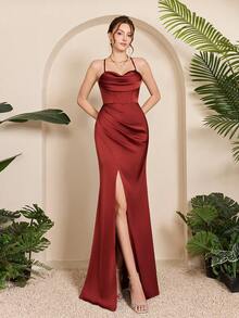 Mgiacy-Pop，新品，浪漫背心，伴娘服，褶饰，高开衩，缎面长裙 - 紅木色 - 查看 4