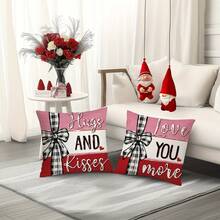 4pcs Valentine's Day Pillow Covers, "Love You More" Heart Striped Bow Print, Minimalist & Cute Peach Velvet Single-Sided Printed Cushion Covers With Zipper Closure, No Pillow Insert Included, Romantic Valentine's Day & Wedding Decor, Suitable For Sofa, Bed, Chair, Bedroom, Living Room, Patio Decoration - Pink - View 7