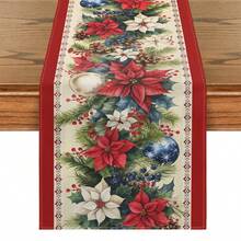 1pc Christmas Decorative Table Runner, Christmas Floral Pattern Tablecloth, Christmas Decor Elements, Christmas Wreath, Evergreen Vine Decor, Fireplace Mantel Scarf, Multiple Sizes Available To Suit Different Home Decor Scenarios, Fireplace Scarf, Glass Door & Window Scarf, Home Decor, Entryway Decor, Christmas Dining Table Decor - Red - View 18