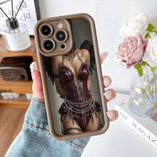 Funda para telefono con borde negro diseño de mujer con corset rojo y cadenas estilo gótico para uso diario y ocasiones especiales - Café integral - Ver 2