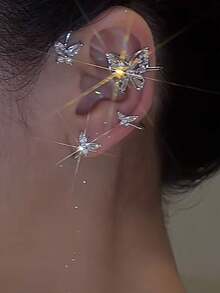 1件时尚优雅的镶钻蝴蝶左耳夹饰品，适合节日和日常佩戴 - 銀色-左 - 查看 2